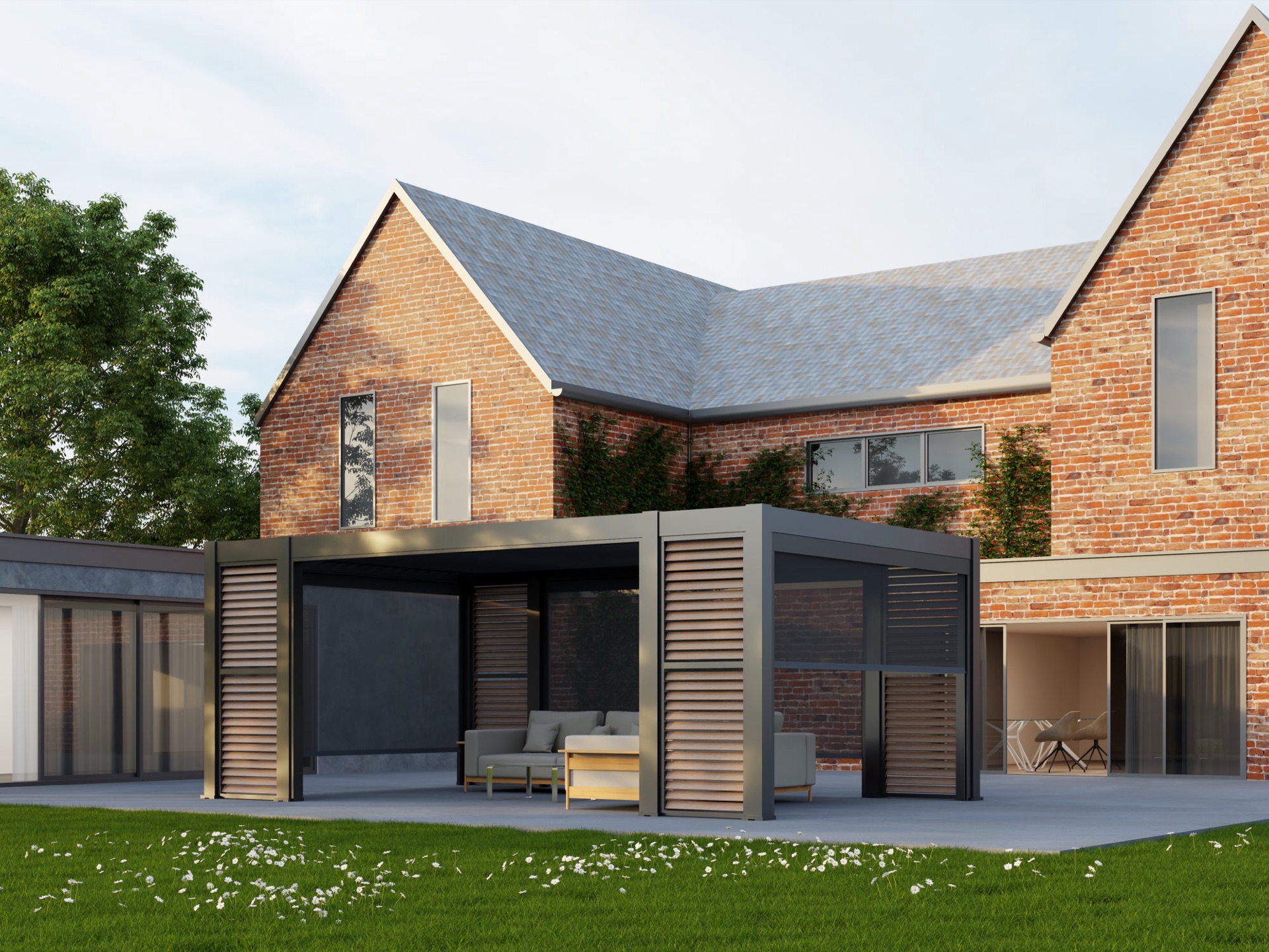 Aluminium pergola and outdoor living space beside a Gloucestershire home