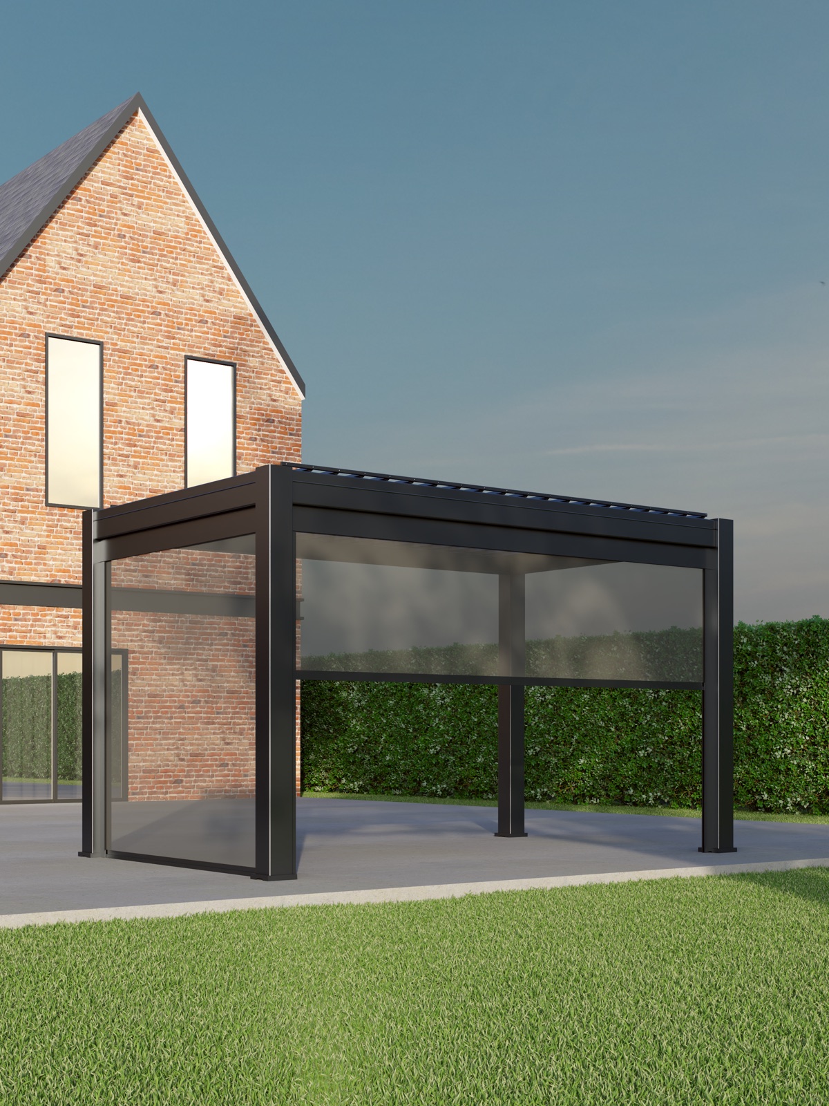 Aluminium pergola with side shade screen in a landscaped garden